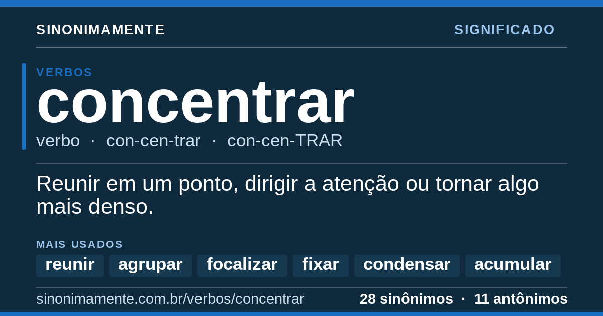 Significado de concentrar: cartão do verbete com 28 sinônimos