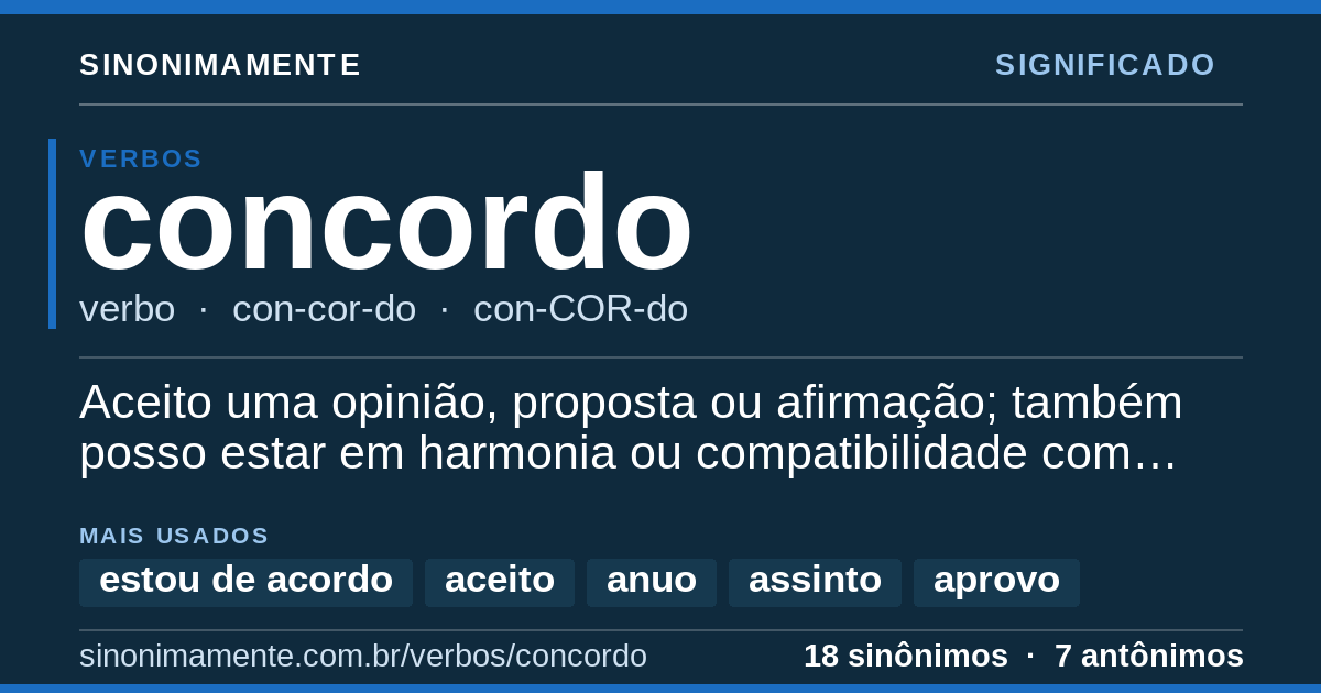 Significado de concordo: cartão do verbete com 18 sinônimos
