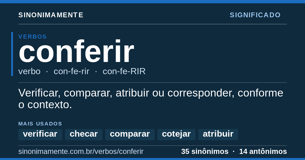 Significado de conferir: cartão do verbete com 35 sinônimos