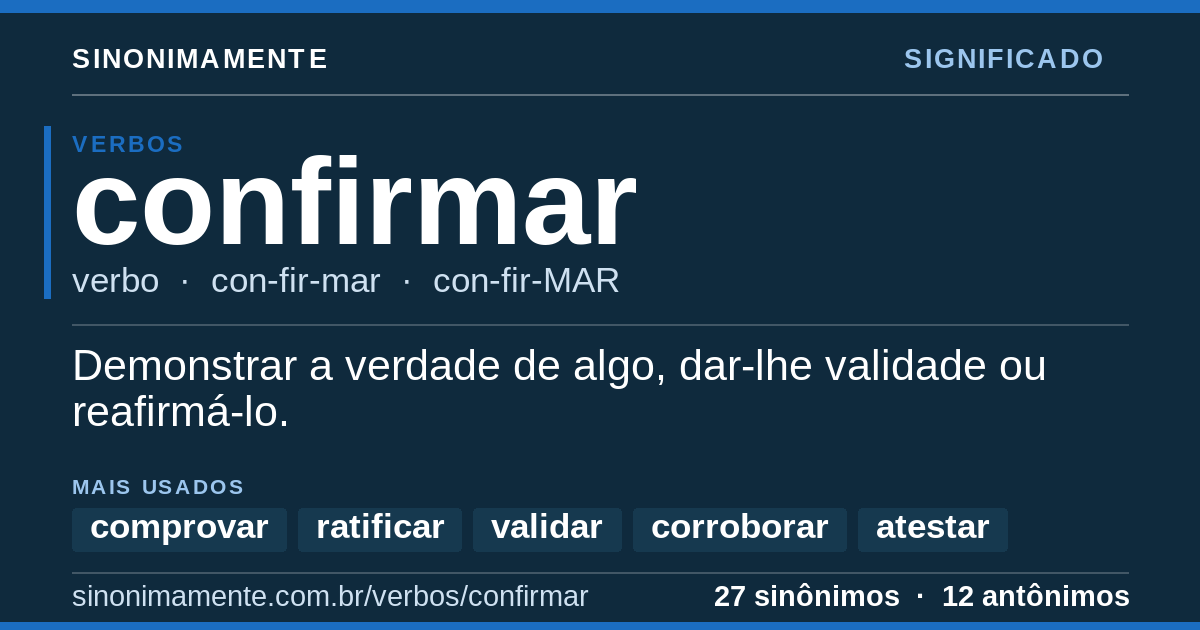 Significado de confirmar: cartão do verbete com 27 sinônimos