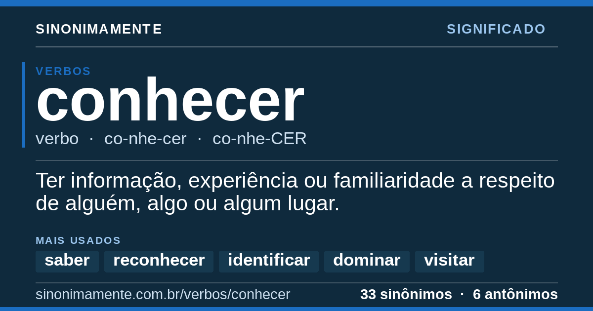 Significado de conhecer: cartão do verbete com 33 sinônimos