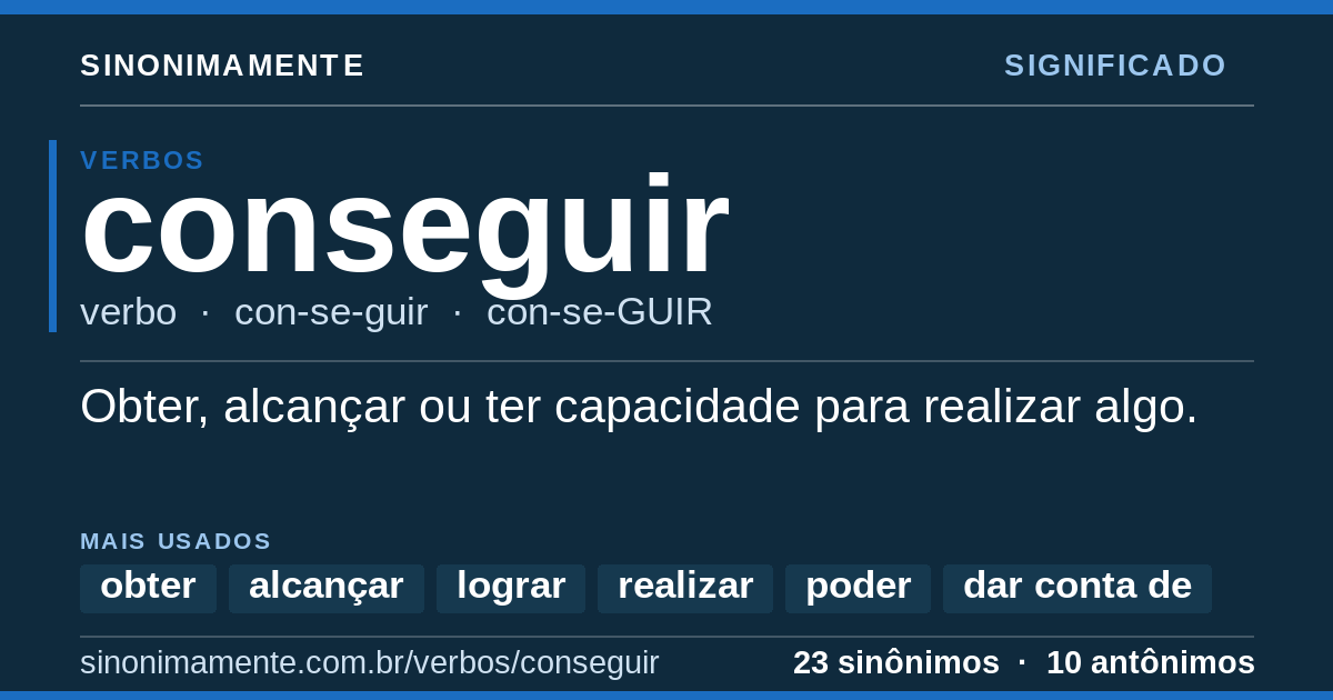 Significado de conseguir: cartão do verbete com 23 sinônimos