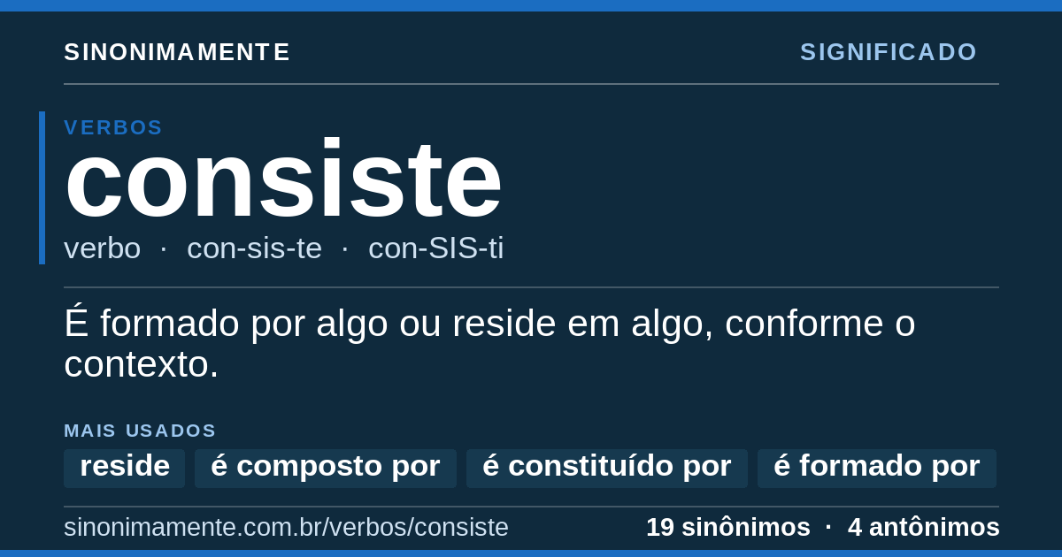 Significado de consiste: cartão do verbete com 19 sinônimos