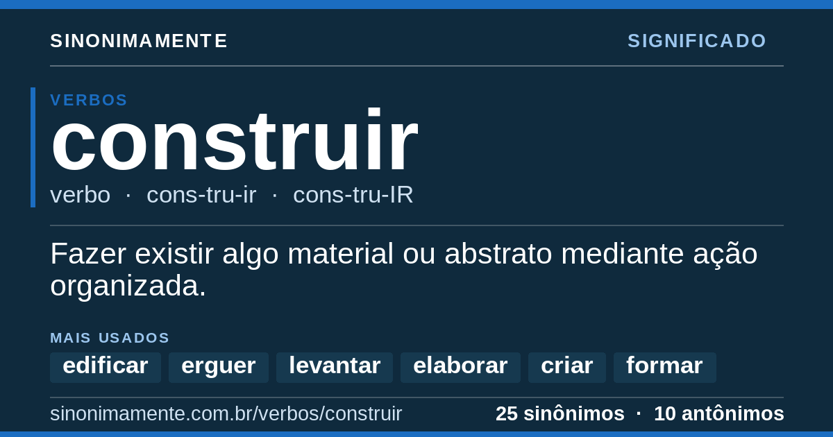 Significado de construir: cartão do verbete com 25 sinônimos