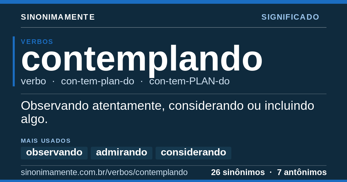 Significado de contemplando: cartão do verbete com 26 sinônimos