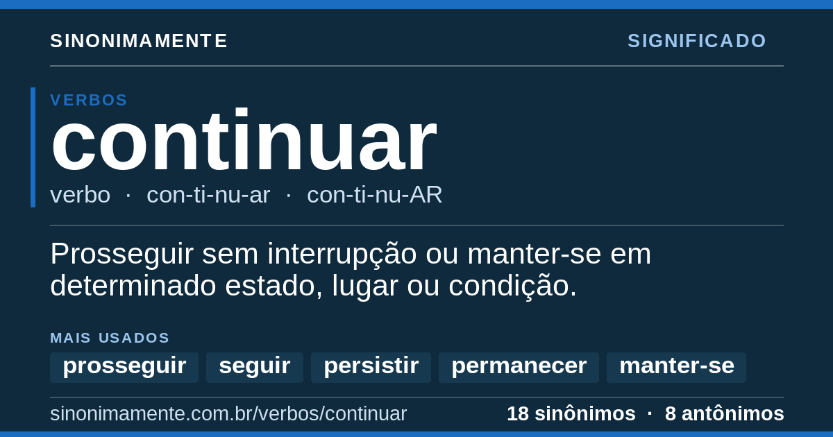 Significado de continuar: cartão do verbete com 18 sinônimos