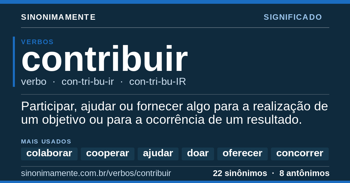 Significado de contribuir: cartão do verbete com 22 sinônimos