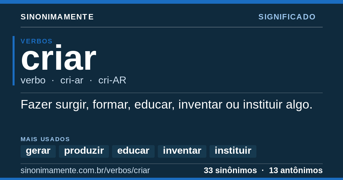 Significado de criar: cartão do verbete com 33 sinônimos
