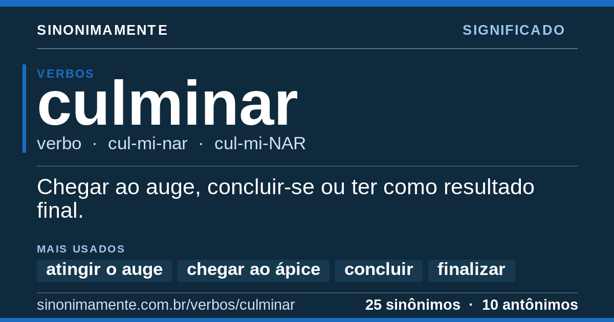 Significado de culminar: cartão do verbete com 25 sinônimos