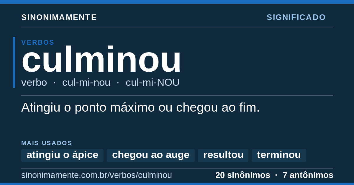 Significado de culminou: cartão do verbete com 20 sinônimos