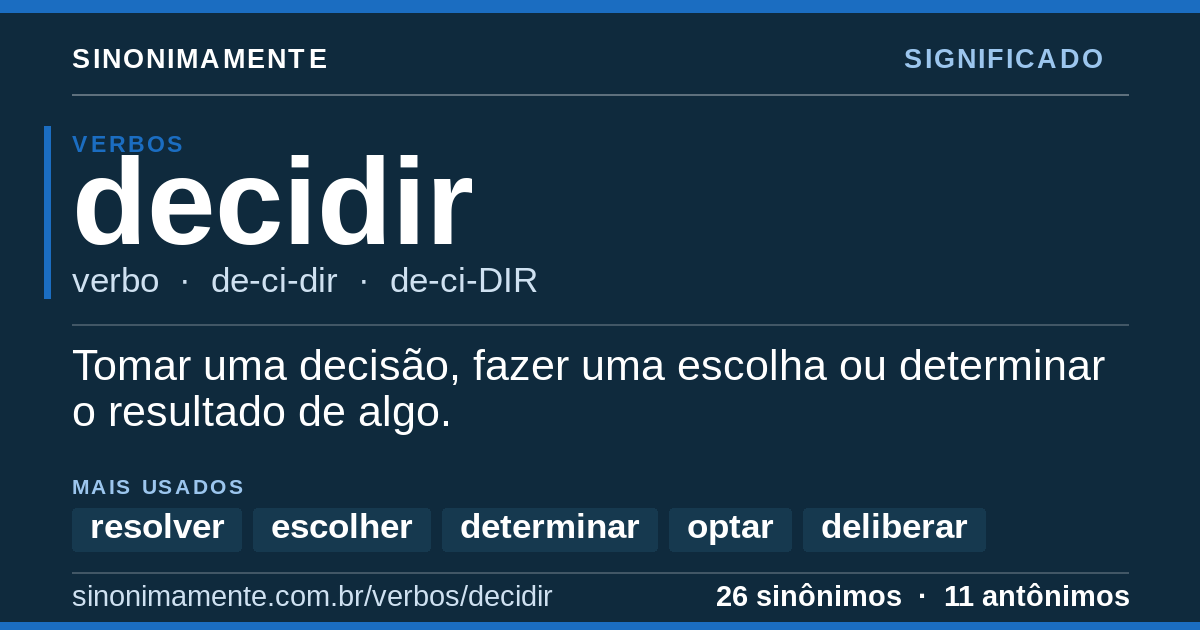 Significado de decidir: cartão do verbete com 26 sinônimos