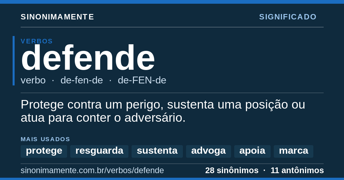 Significado de defende: cartão do verbete com 28 sinônimos