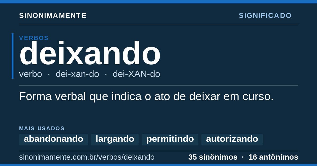 Significado de deixando: cartão do verbete com 35 sinônimos