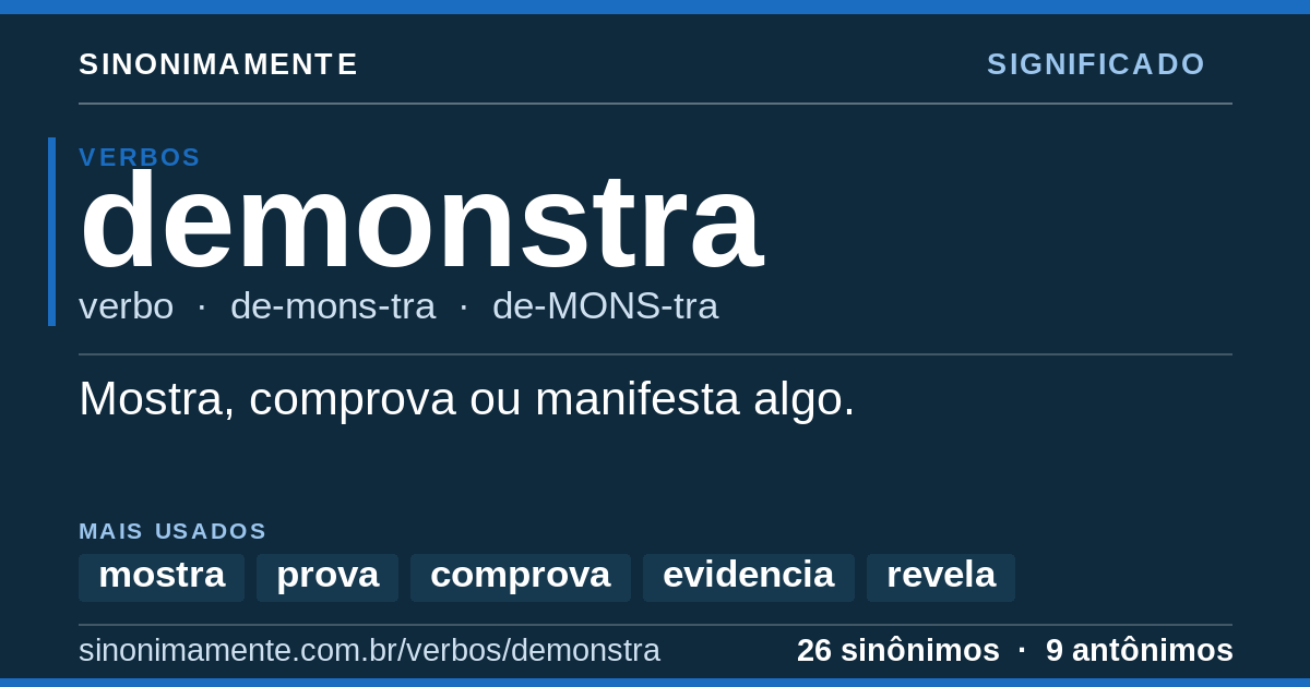 Significado de demonstra: cartão do verbete com 26 sinônimos