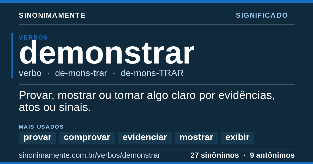 Significado de demonstrar: cartão do verbete com 27 sinônimos