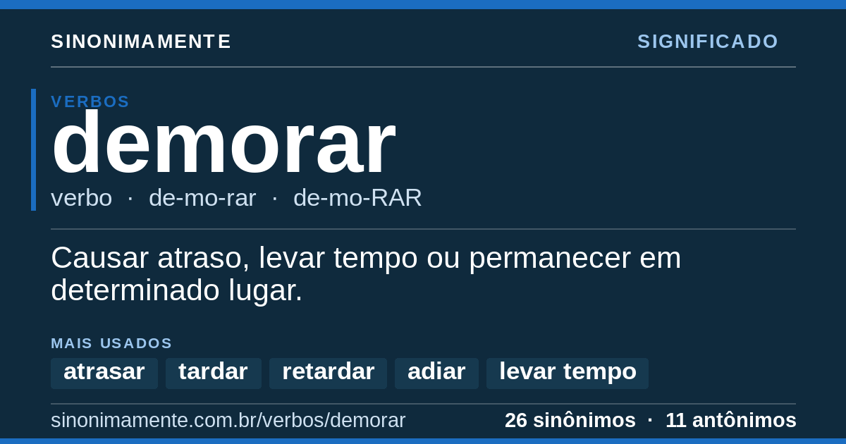 Significado de demorar: cartão do verbete com 26 sinônimos