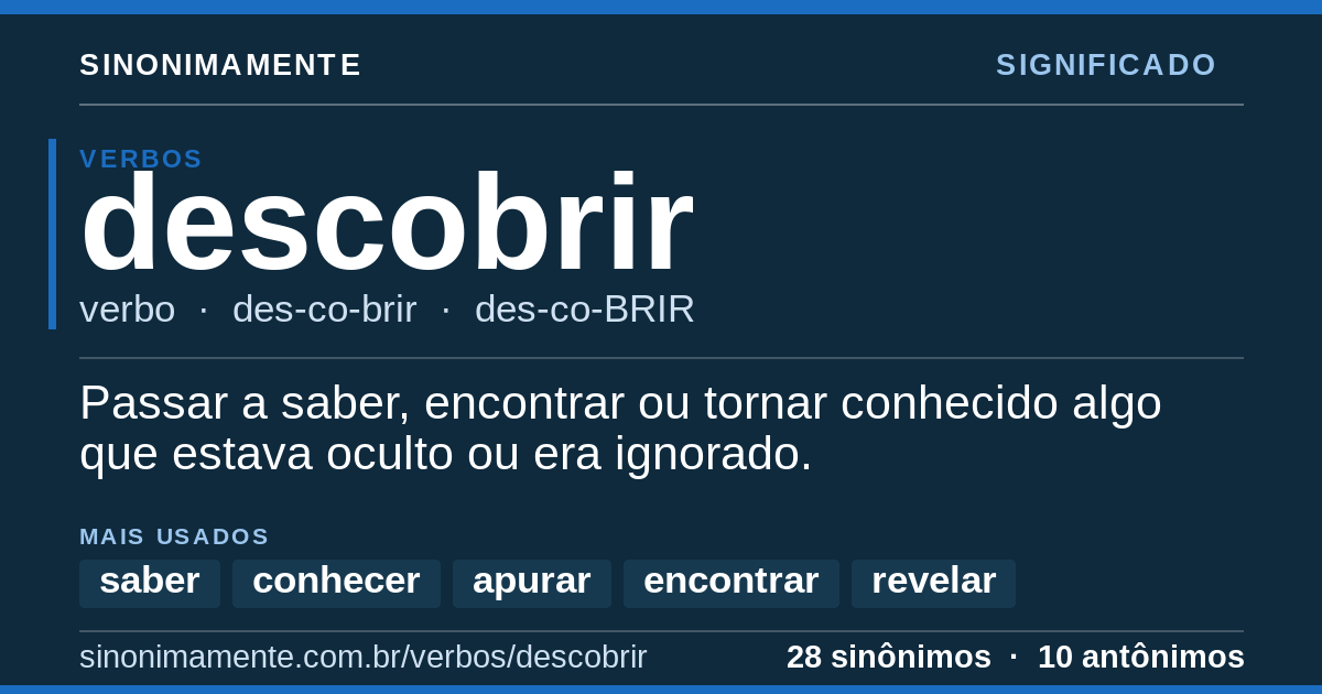 Significado de descobrir: cartão do verbete com 28 sinônimos