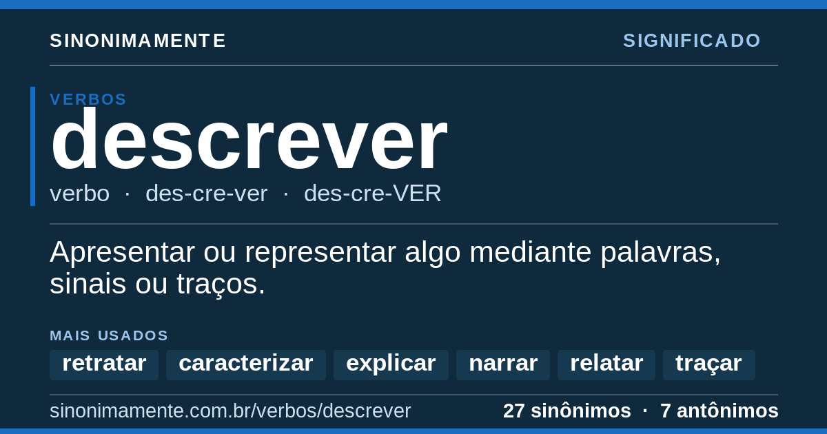 Significado de descrever: cartão do verbete com 27 sinônimos