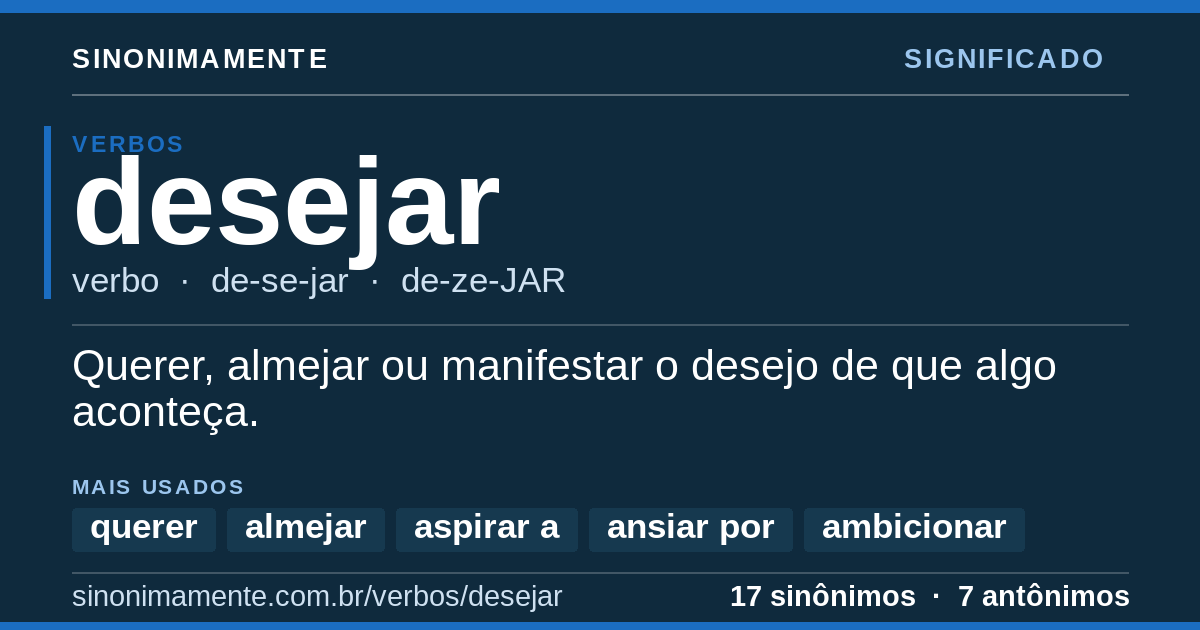 Significado de desejar: cartão do verbete com 17 sinônimos