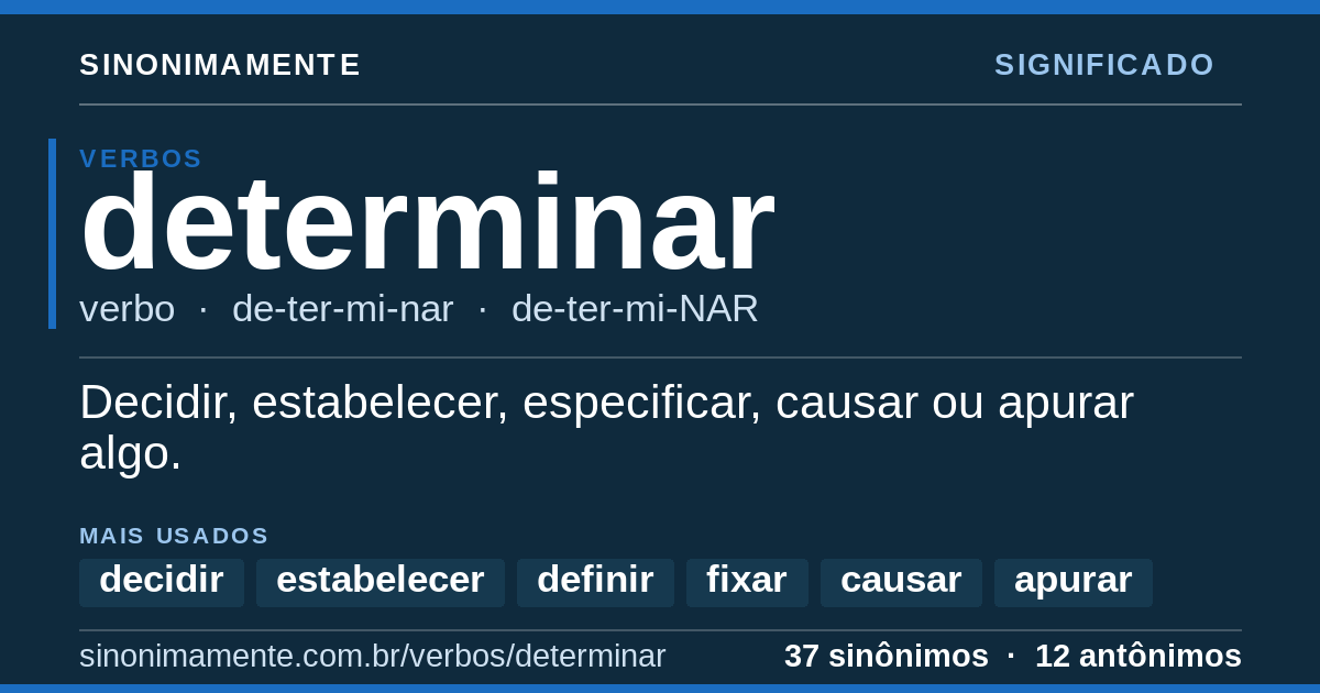 Significado de determinar: cartão do verbete com 37 sinônimos