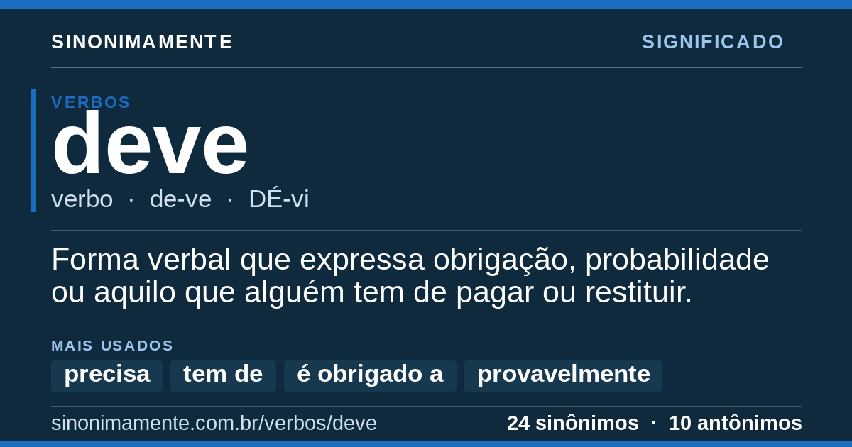 Significado de deve: cartão do verbete com 24 sinônimos