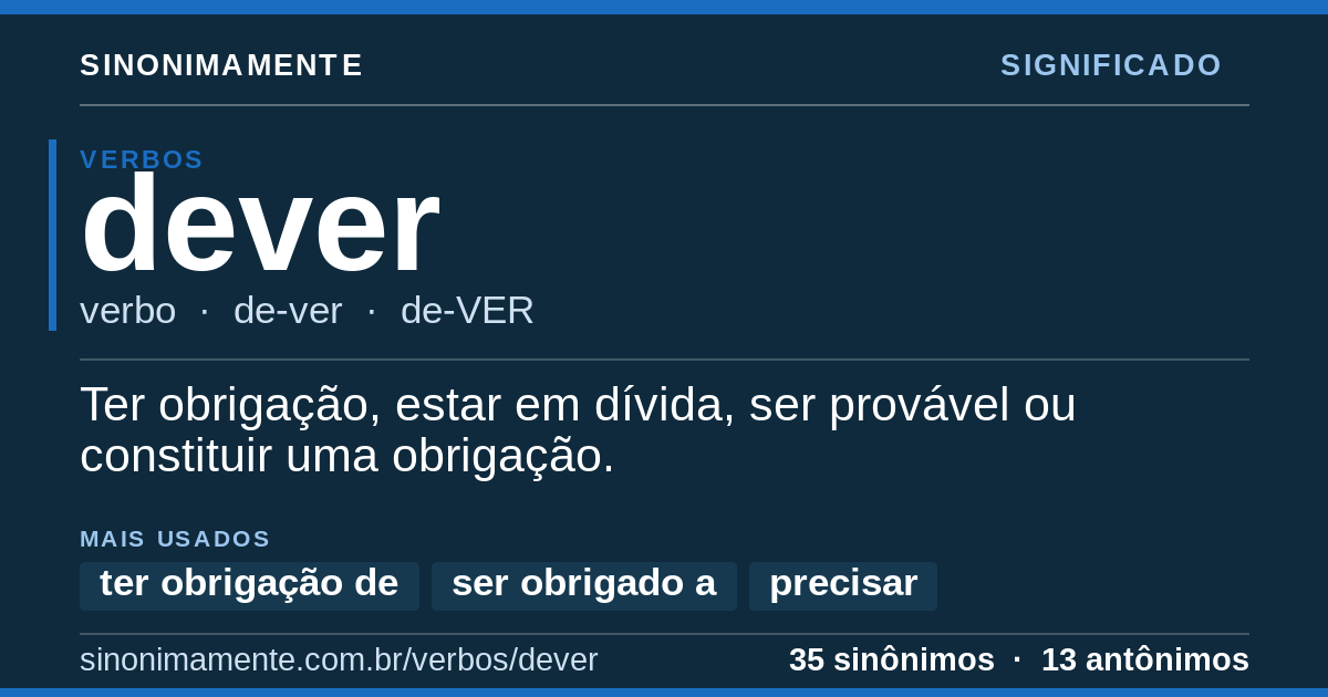 Significado de dever: cartão do verbete com 35 sinônimos