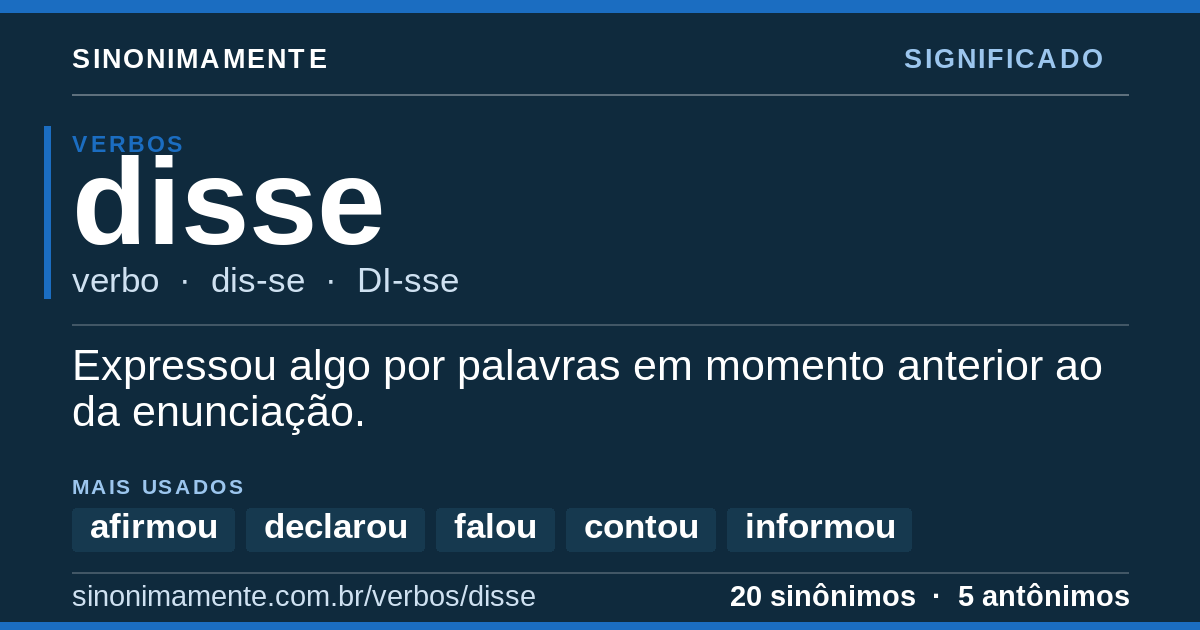 Significado de disse: cartão do verbete com 20 sinônimos