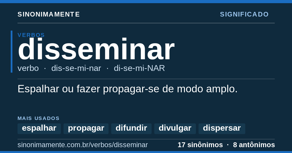 Significado de disseminar: cartão do verbete com 17 sinônimos