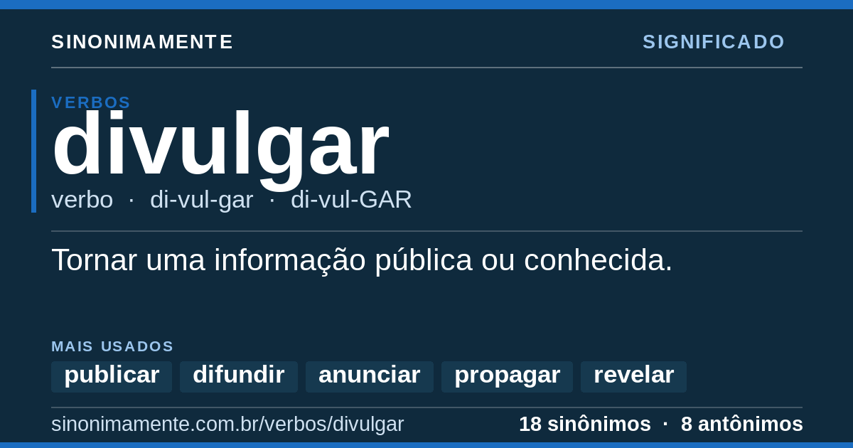 Significado de divulgar: cartão do verbete com 18 sinônimos