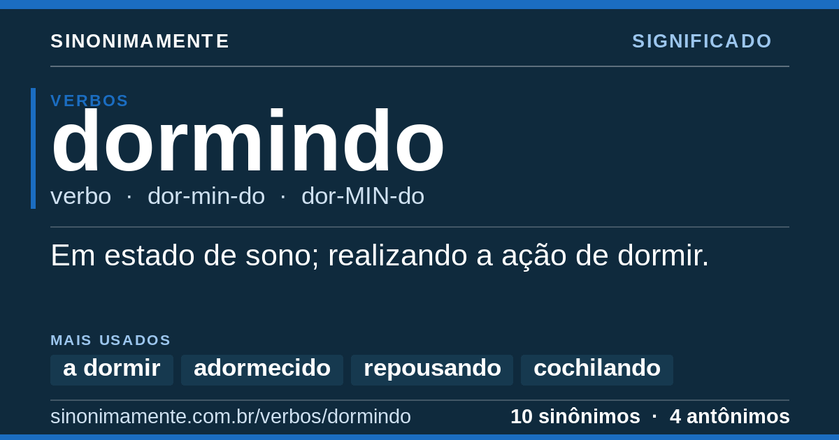 Significado de dormindo: cartão do verbete com 10 sinônimos