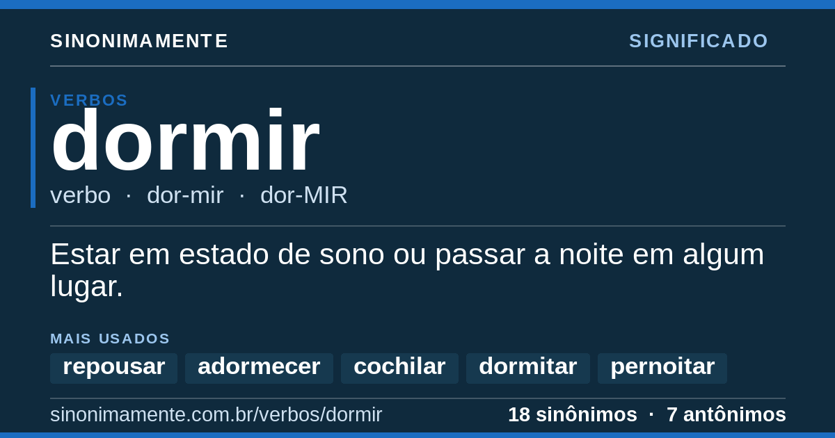 Significado de dormir: cartão do verbete com 18 sinônimos