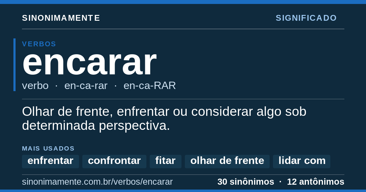 Significado de encarar: cartão do verbete com 30 sinônimos