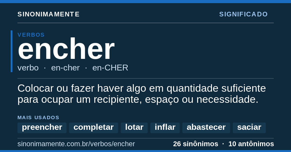 Significado de encher: cartão do verbete com 26 sinônimos