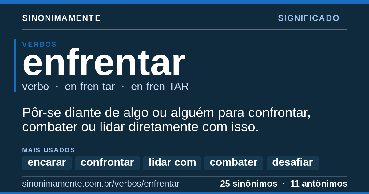 Significado de enfrentar: cartão do verbete com 25 sinônimos