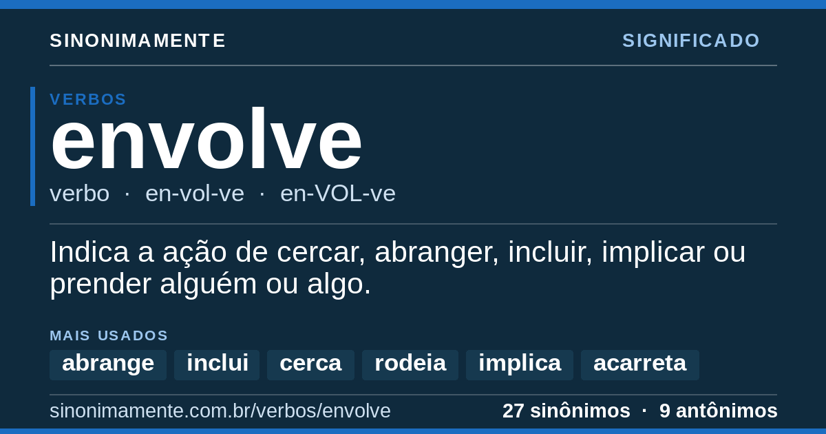 Significado de envolve: cartão do verbete com 27 sinônimos