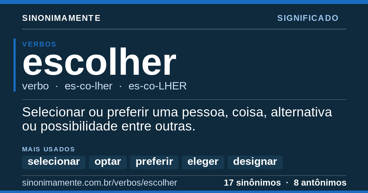 Significado de escolher: cartão do verbete com 17 sinônimos