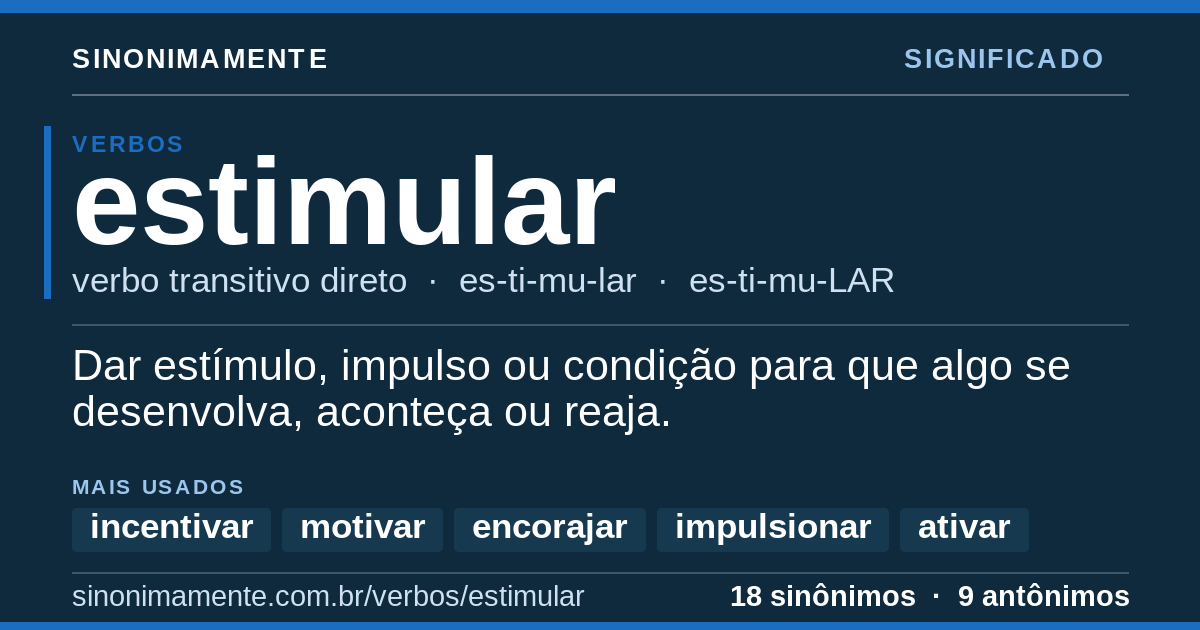 Significado de estimular: cartão do verbete com 18 sinônimos