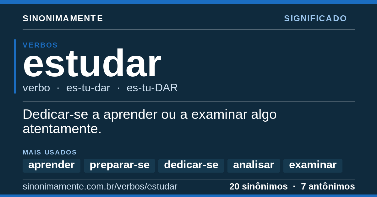 Significado de estudar: cartão do verbete com 20 sinônimos