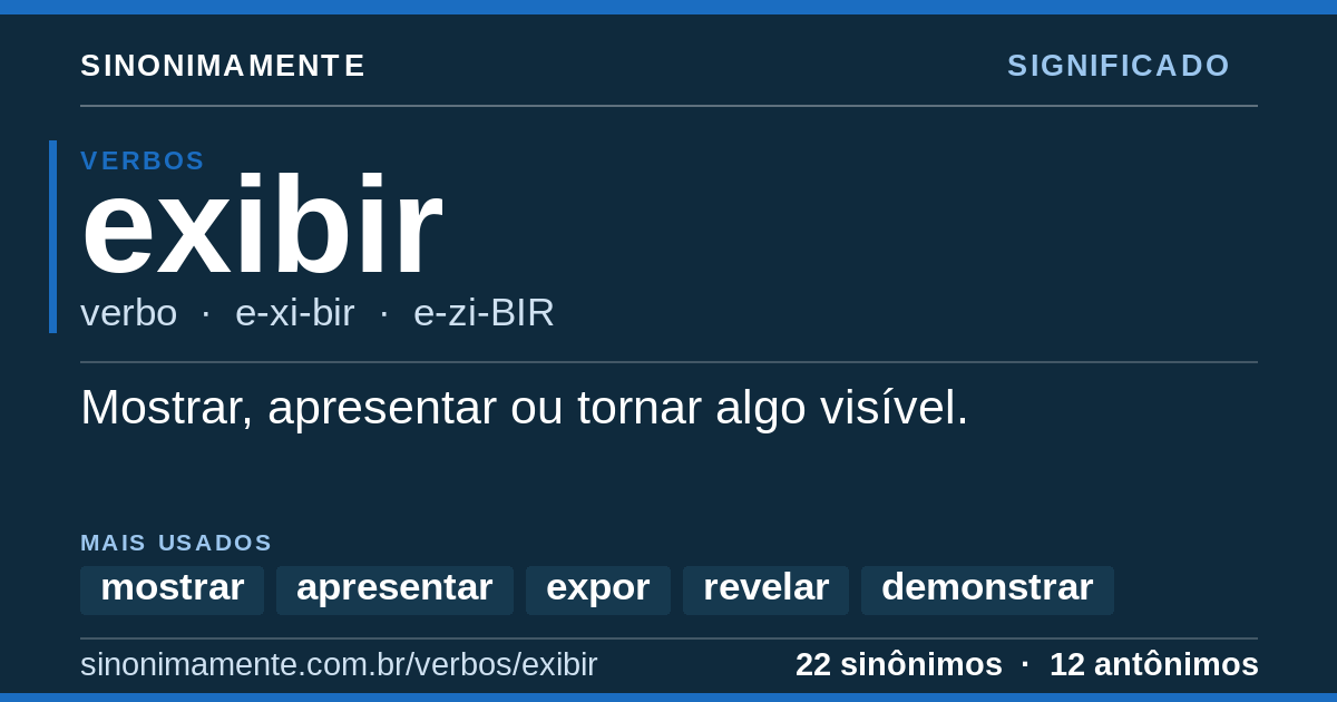 Significado de exibir: cartão do verbete com 22 sinônimos