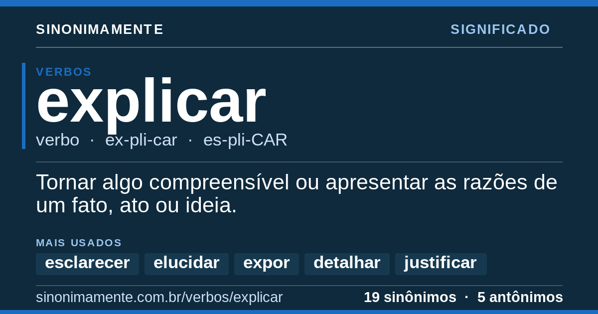 Significado de explicar: cartão do verbete com 19 sinônimos