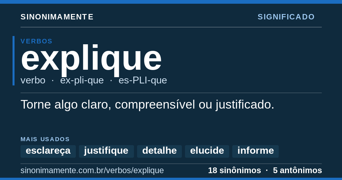 Significado de explique: cartão do verbete com 18 sinônimos