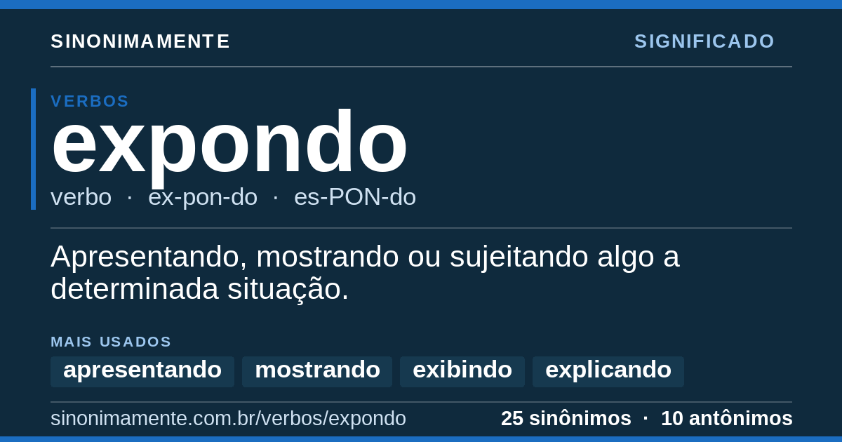 Significado de expondo: cartão do verbete com 25 sinônimos