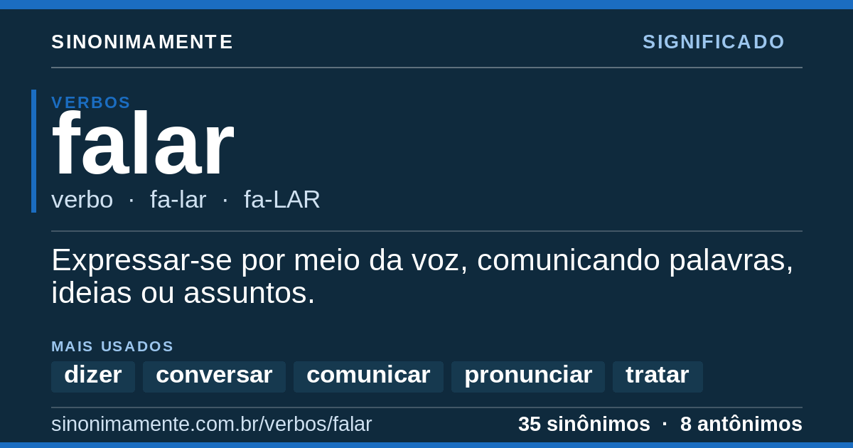 Significado de falar: cartão do verbete com 35 sinônimos