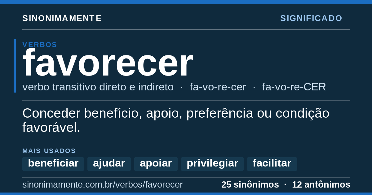 Significado de favorecer: cartão do verbete com 25 sinônimos