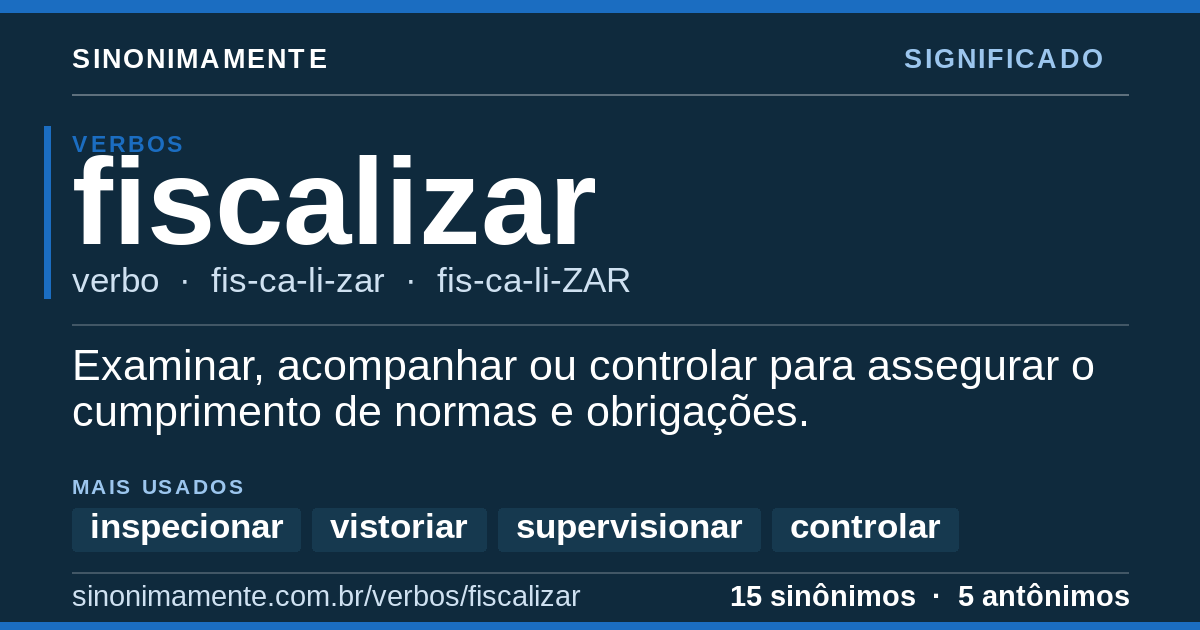 Significado de fiscalizar: cartão do verbete com 15 sinônimos