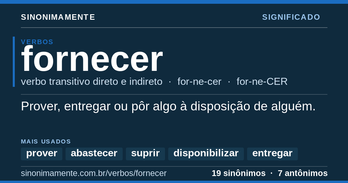 Significado de fornecer: cartão do verbete com 19 sinônimos