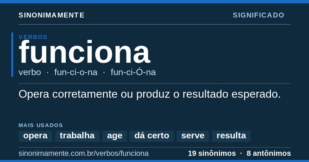 Significado de funciona: cartão do verbete com 19 sinônimos