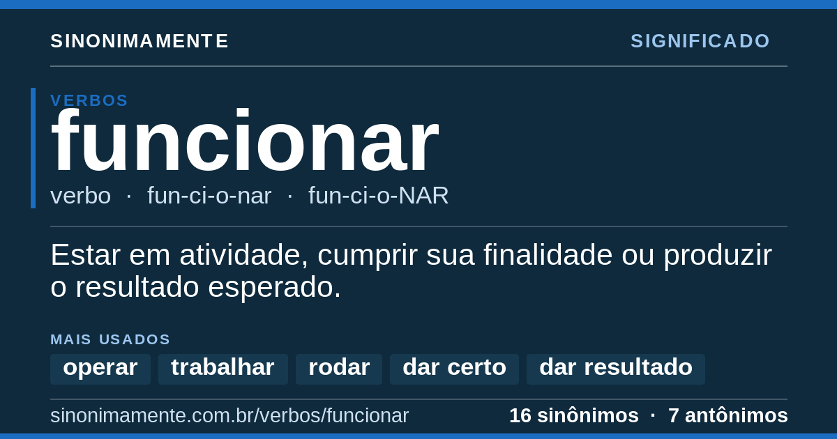 Significado de funcionar: cartão do verbete com 16 sinônimos