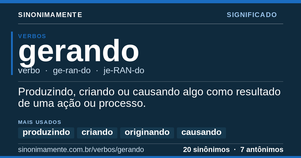 Significado de gerando: cartão do verbete com 20 sinônimos