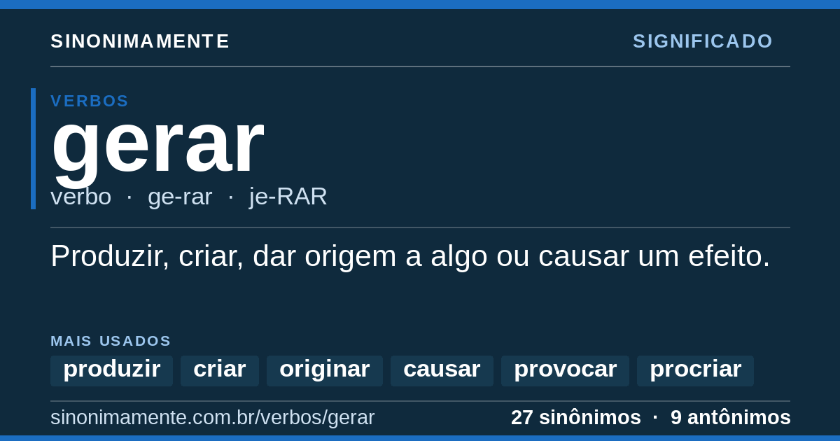 Significado de gerar: cartão do verbete com 27 sinônimos